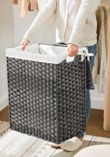 SONGMICS Handv&auml;vd tv&auml;ttkorg, 90L kl&auml;dkorg i syntetisk rotting med lock och handtag, vikbar, avtagbart foder, gr� LCB51WG