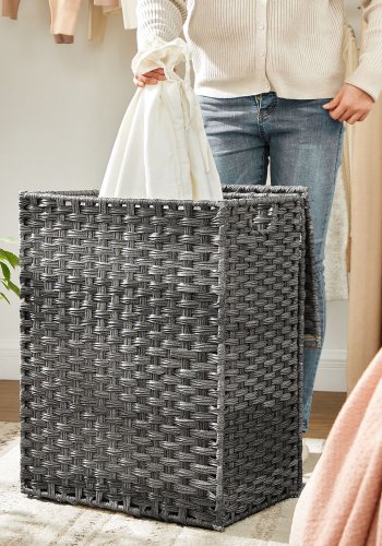 SONGMICS Handv&auml;vd tv&auml;ttkorg, 90L kl&auml;dkorg i syntetisk rotting med lock och handtag, vikbar, avtagbart foder, gr� LCB51WG