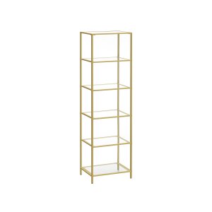 VASAGLE Bogreol, 6-etagers bogreol, slank reol til sovev�relse, badev�relse, hjemmekontor, h�rdet glas, st�lramme, metallisk guld LGT500A01