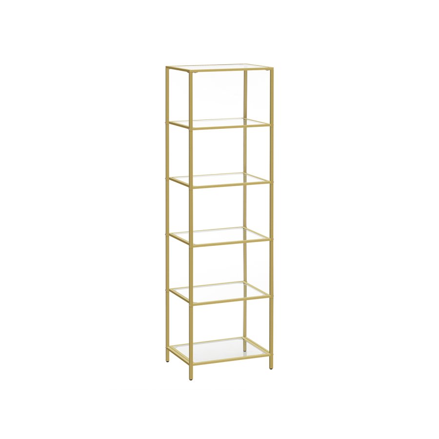 VASAGLE Bogreol, 6-etagers bogreol, slank reol til sovev�relse, badev�relse, hjemmekontor, h�rdet glas, st�lramme, metallisk guld LGT500A01