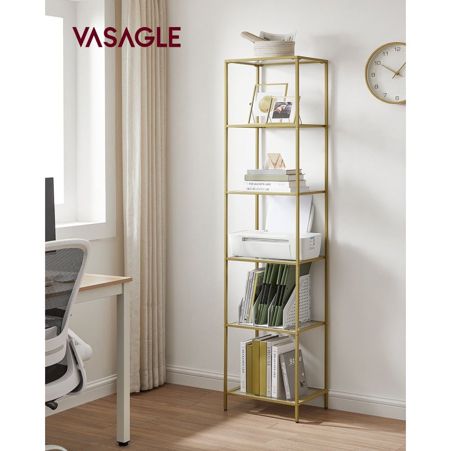 VASAGLE Bogreol, 6-etagers bogreol, slank reol til sovev�relse, badev�relse, hjemmekontor, h�rdet glas, st�lramme, metallisk guld LGT500A01
