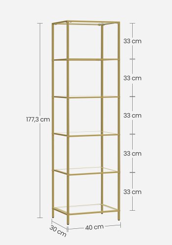 VASAGLE Bogreol, 6-etagers bogreol, slank reol til sovev�relse, badev�relse, hjemmekontor, h�rdet glas, st�lramme, metallisk guld LGT500A01