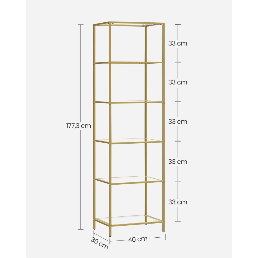 VASAGLE Bogreol, 6-etagers bogreol, slank reol til sovev�relse, badev�relse, hjemmekontor, h�rdet glas, st�lramme, metallisk guld LGT500A01