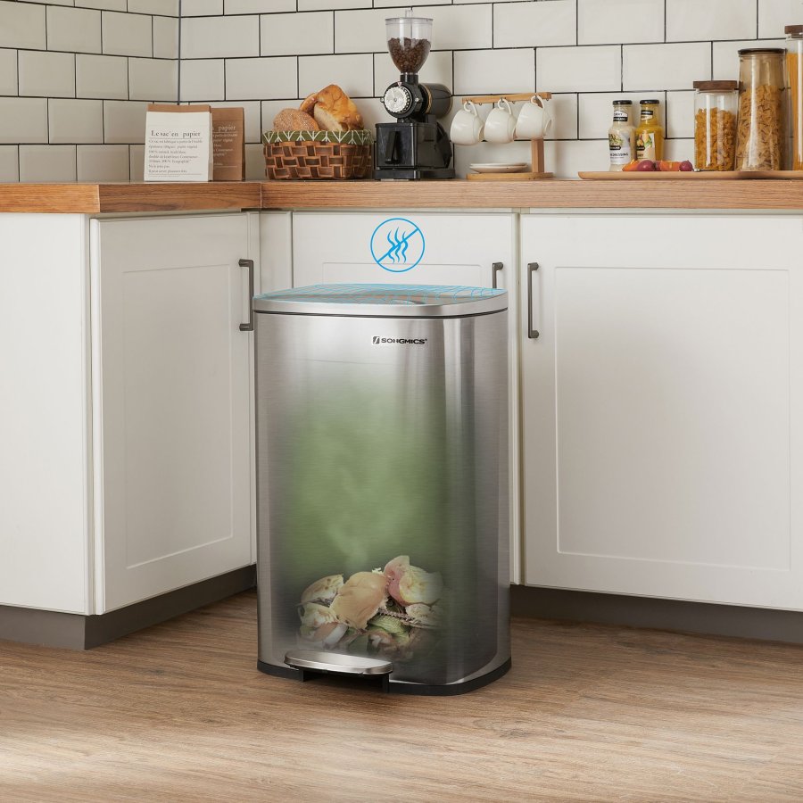 SONGMICS Pedalkorg f&ouml;r k&ouml;k, 50 liters papperskorg, med innerhink av plast, g�ngj&auml;rnsf&ouml;rsett lock, mjukst&auml;ngande, luktt&auml;t och hygienisk, silver LTB050E01