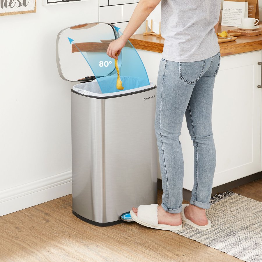SONGMICS Pedalkorg f&ouml;r k&ouml;k, 50 liters papperskorg, med innerhink av plast, g�ngj&auml;rnsf&ouml;rsett lock, mjukst&auml;ngande, luktt&auml;t och hygienisk, silver LTB050E01