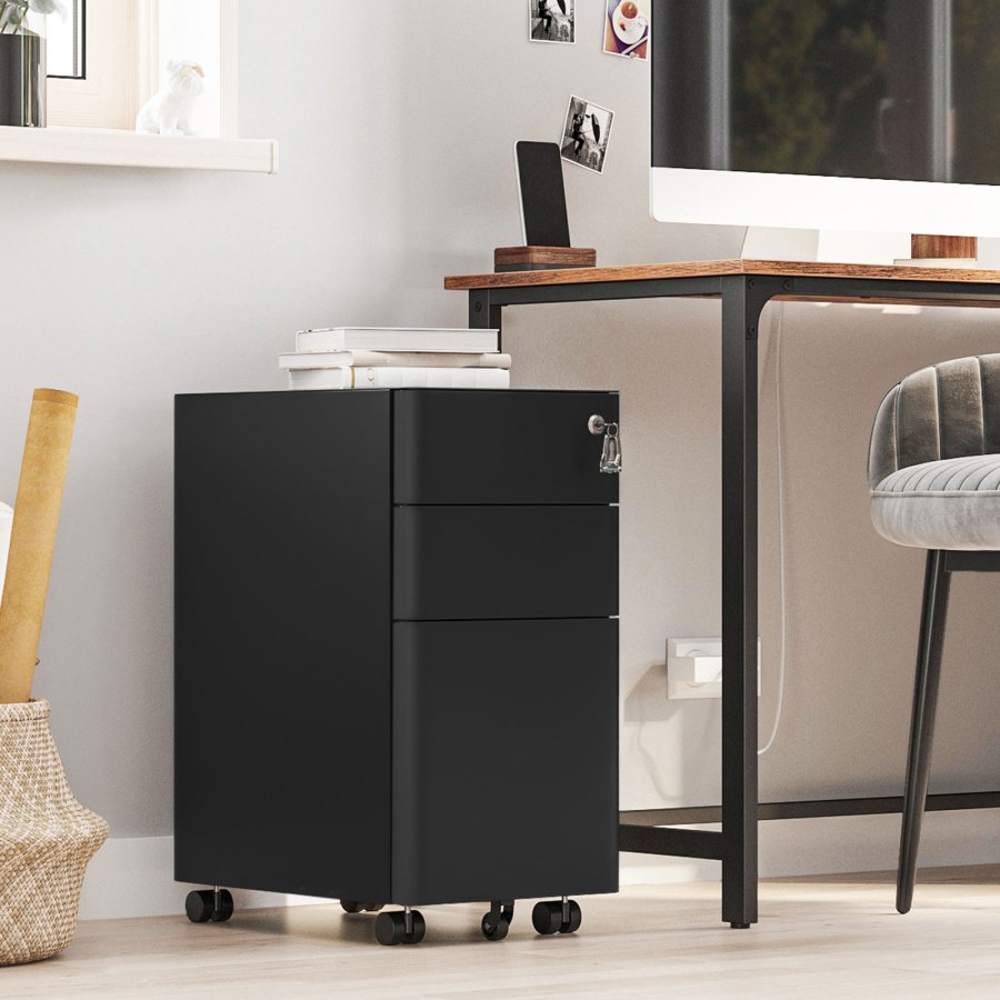 SONGMICS Mobilt arkivskab, kontorskab med hjul og l�s, til A4-, Legal- og Letter-dokumenter, h�ngende arkivmapper, sort OFC030B01