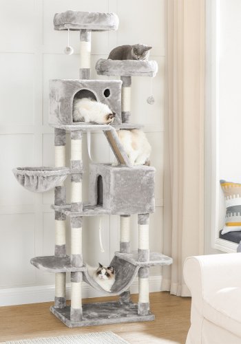 FEANDREA kradsetr� til katte, m. stort kattet�rn, 13 kradsetr�er, 1 kradserampe, 2 siddepinde, 2 huler, kurv, h�ngek�je, pomponer - lysegr� plys/sisal (H:203,5)