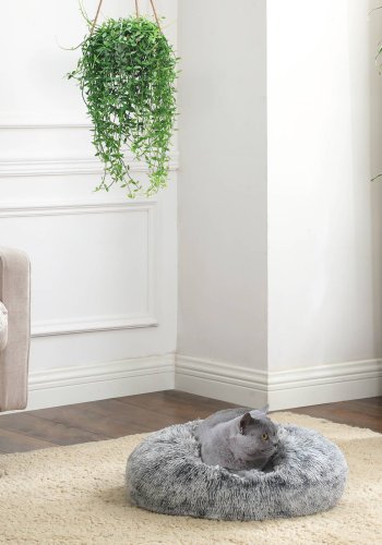 FEANDREA Hundeseng, Donut Katteseng, Bl�d Beroligende K�ledyrsseng med Aftageligt, Vaskbart Betr�k, Bl�d Lang Plys, 50 cm, Gr�