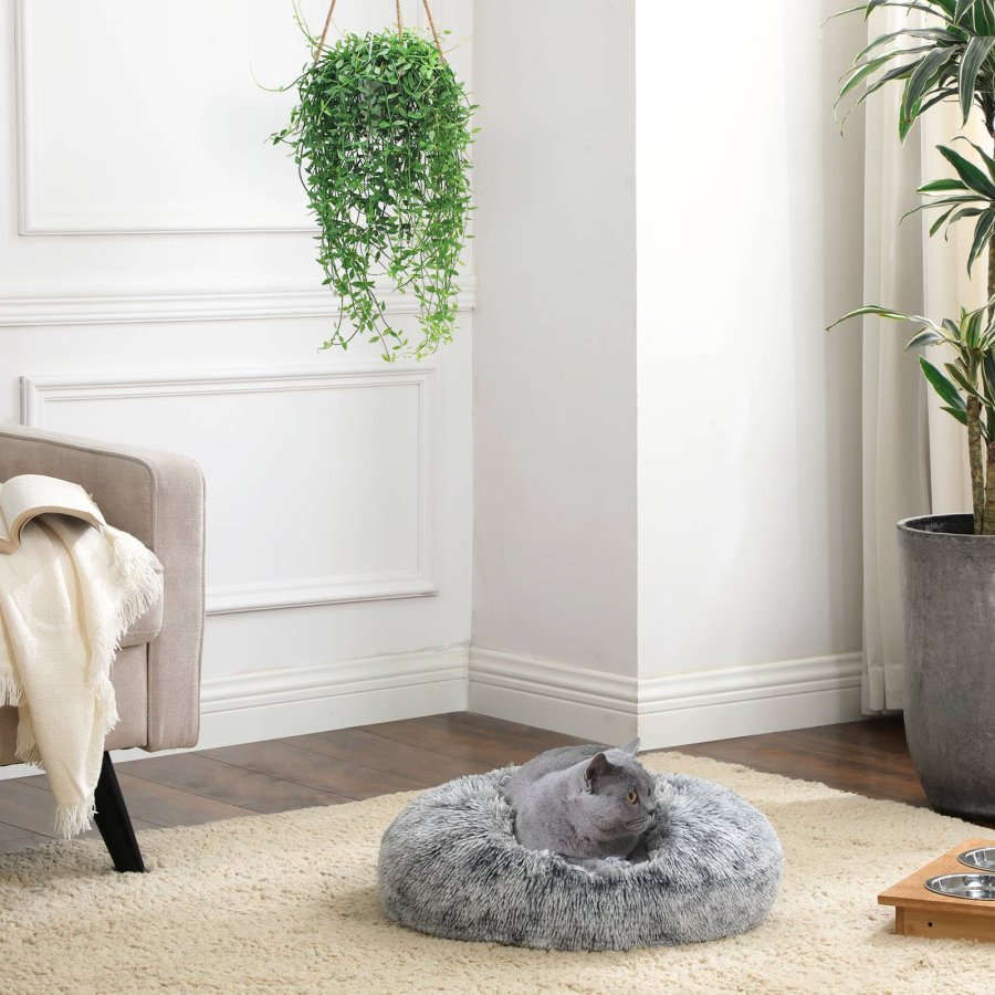 FEANDREA Hundeseng, Donut Katteseng, Bl�d Beroligende K�ledyrsseng med Aftageligt, Vaskbart Betr�k, Bl�d Lang Plys, 50 cm, Gr�