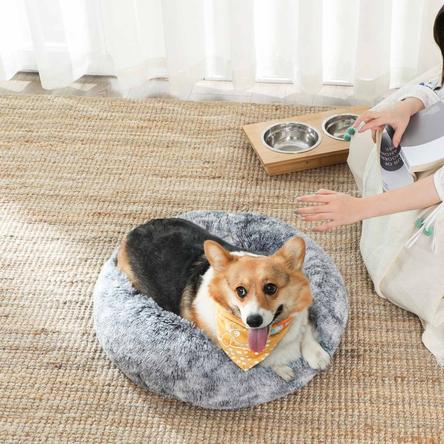 FEANDREA Hundeseng, Donut Katteseng, Bl�d Beroligende K�ledyrsseng med Aftageligt, Vaskbart Betr�k, Bl�d Lang Plys, 70 cm, Gr�