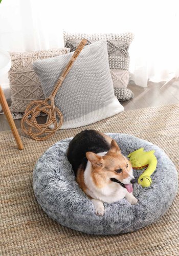 FEANDREA Hundeseng, Donut Katteseng, Bl�d Beroligende K�ledyrsseng med Aftageligt, Vaskbart Betr�k, Bl�d Lang Plys, 70 cm, Gr�