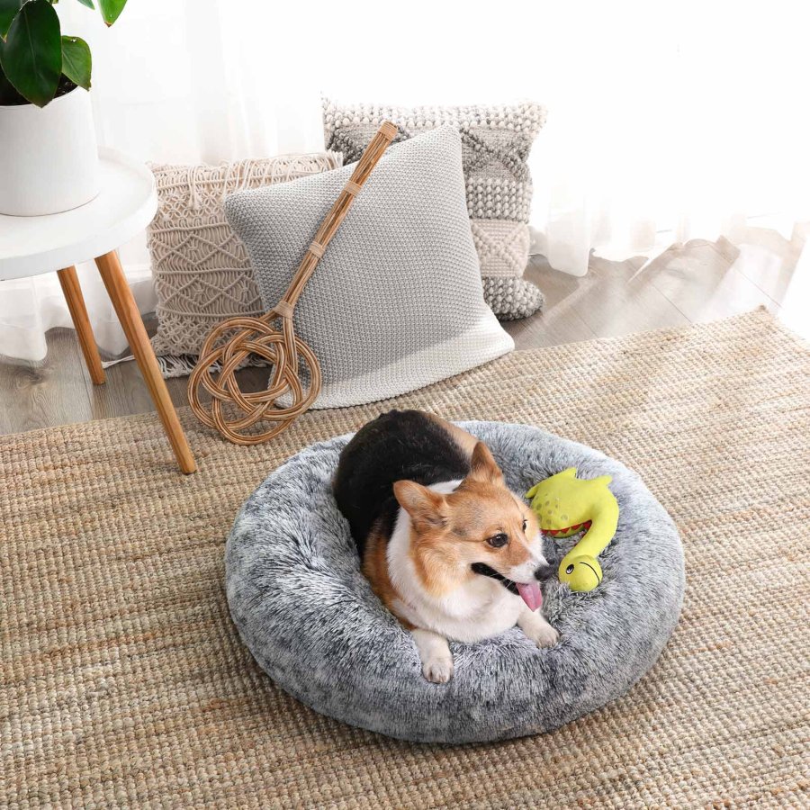 FEANDREA Hundeseng, Donut Katteseng, Bl�d Beroligende K�ledyrsseng med Aftageligt, Vaskbart Betr�k, Bl�d Lang Plys, 70 cm, Gr�
