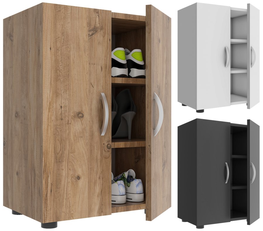 VCM NORDIC Ulas 3-Fach Schuhschrank, m. 2 Türen, 2 Einlegeböden - Holz anthrazitgrau