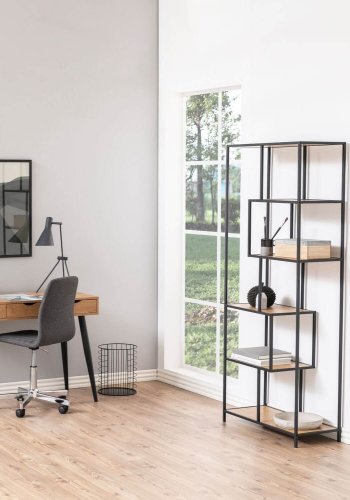 ACT NORDIC Seaford bogreol - natur/sort papir vild eg/metal, m. 4 hylder(H:185cm x77cm x 35cm)