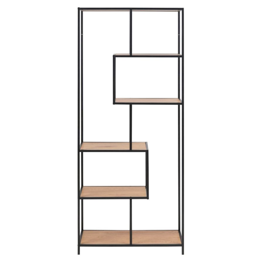 ACT NORDIC Seaford bogreol - natur/sort papir vild eg/metal, m. 4 hylder(H:185cm x77cm x 35cm)