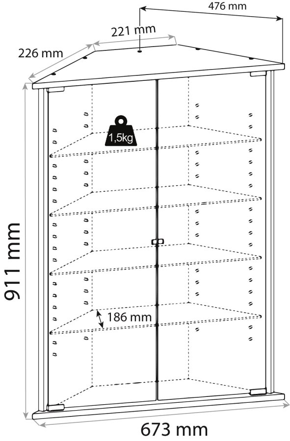 Jecka hjrneskab med LED, m 2 lger og 4 hylder - glas og hvid tr