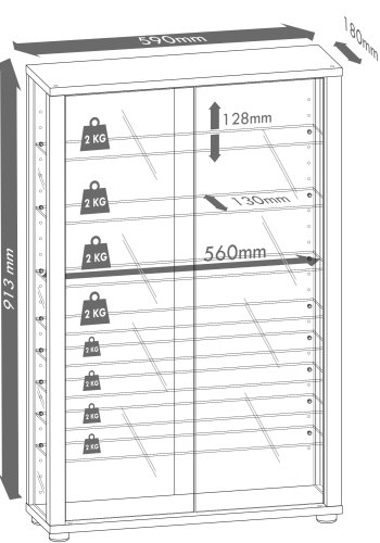 Vitrosa Mini-Wandschrank mit LED, m. 2 T�ren und 8 Einlegeb�den - Glas und wei�es Holz