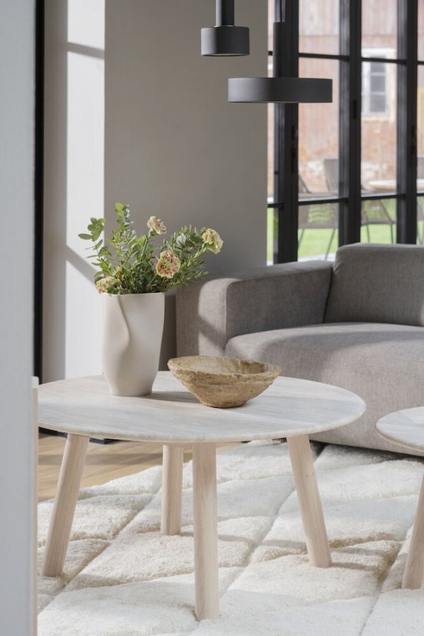 ROWICO Taransay salongbord, rundt - beige travertin og hvitkalket eik (90)