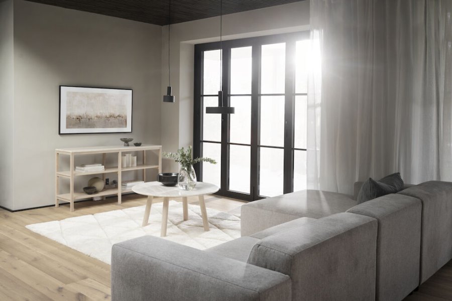 ROWICO Orwel konsolbord, m. 2 hylder - beige travertin og hvidvasket eg (140x40)