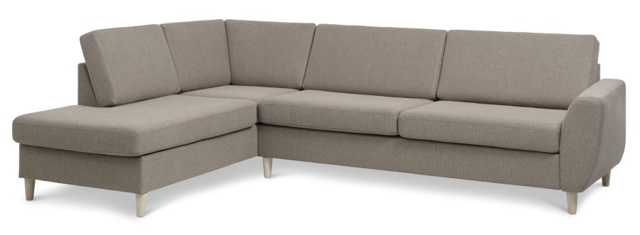Wendy sett 2 OE venstre sofa, med sjeselong - antilope beige polyesterstoff og naturlig tre