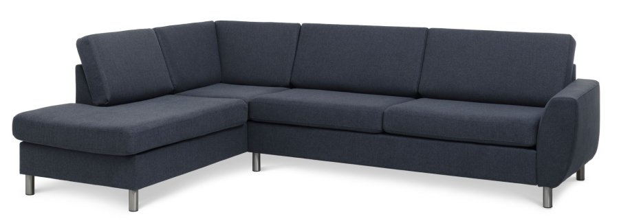 Wendy sett 2 OE venstre sofa, m. sjeselong - bl polyesterstoff og brstet aluminium