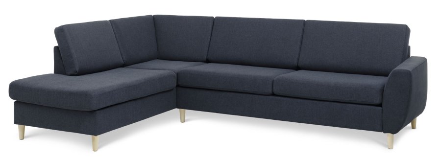 Wendy sett 2 OE venstre sofa, med sjeselong - bltt polyesterstoff og naturlig tre