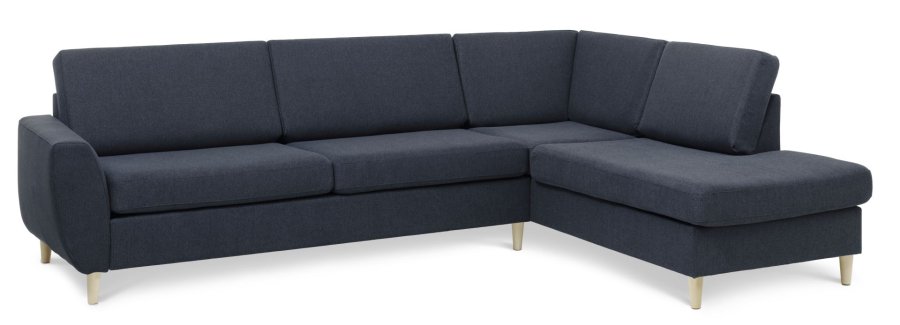 Wendy sett 3 OE hyre sofa, m. sjeselong - bl polyesterstoff og naturlig tre