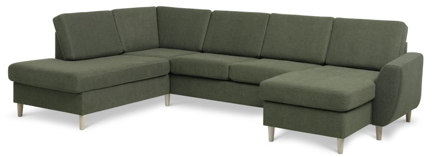 Wendy sett 4 U OE venstre sofa, m. sjeselong - vinter mosegrnt polyesterstoff og naturlig tre