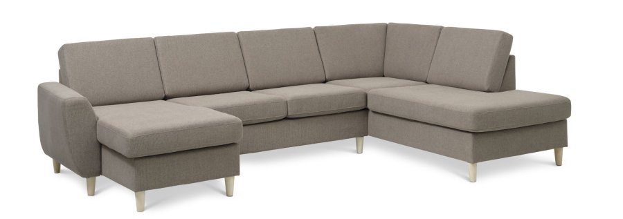 Wendy sett 5 U OE hyre sofa, m. sjeselong - antilope beige polyesterstoff og naturlig tre