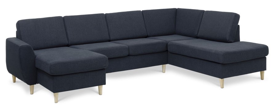 Wendy sett 5 U OE hyre sofa, m. sjeselong - bl polyesterstoff og naturlig tre