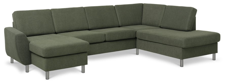 Wendy sett 5 U OE hyre sofa, m. sjeselong - vinter mosegrnt polyesterstoff og brstet aluminium