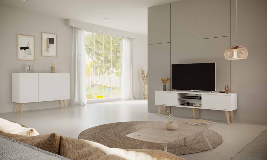 KOCOT RTV Toronto TV-bord, m. 2 drer og 1 hylle - hvit bk (160x35)