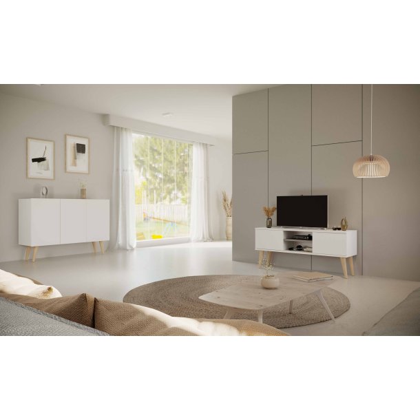 KOCOT RTV Toronto TV-bord, m. 2 l�ger og 1 hylde - hvid fin�r og natur b�getr� (120x35)