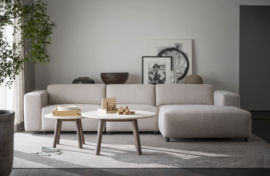 ROWICO Taransay salongbord, rundt - beige travertin og brun eik (60)