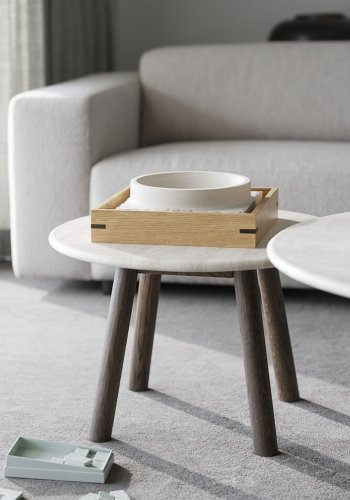 ROWICO Taransay salongbord, rundt - beige travertin og brun eik (60)