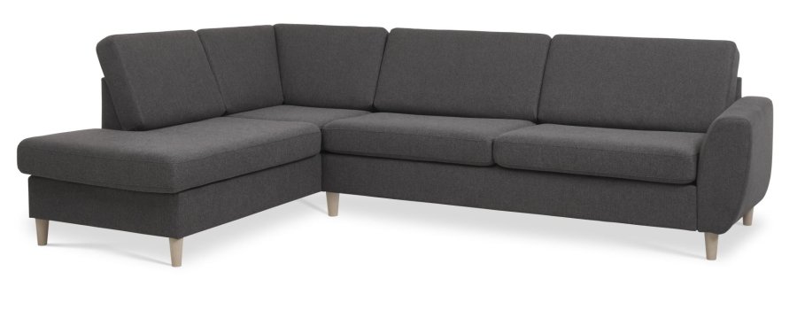 Wendy sett 2 OE venstre sofa, m. sjeselong - antrasittgr polyesterstoff og naturlig tre