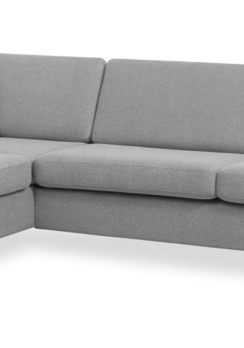 Wendy sett 2 OE venstre sofa, med sjeselong - grtt polyesterstoff og naturlig tre