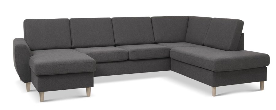 Wendy sett 5 U OE hyre sofa, m. sjeselong - antrasittgr polyesterstoff og naturlig tre