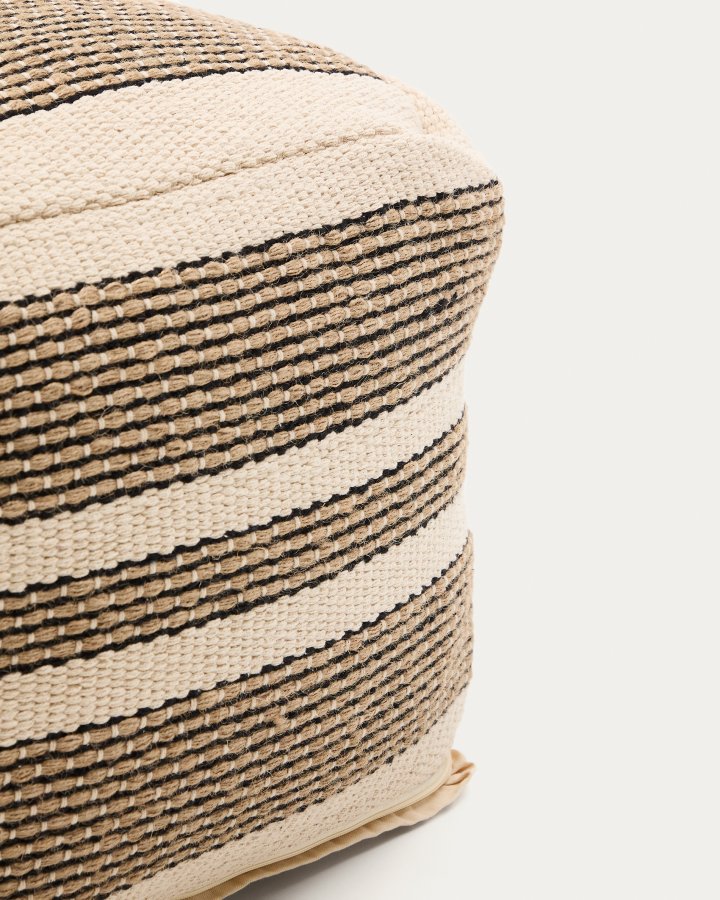 KAVE HOME Aylin puff i beige jute, brodert bomull, 60 x 60 cm