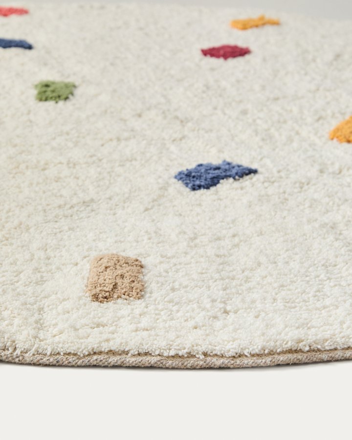 KAVE HOME Epifania gulvt�ppe, rund - hvid bomuld med multifarvede prikker (�100)