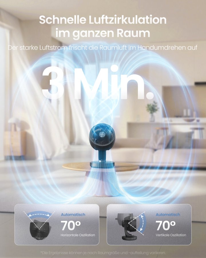 SONGMICS Bordventilator, Stille Ventilator 20 dB, Luftcirkulator LED Display, Fjernbetjening, Effektiv K�ling, 70&deg; Oscillation, 8 Hastigheder, 12 Timer, Bl�ksort XFC001B1EU