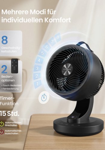 SONGMICS Bordventilator, Stille Ventilator 20 dB, Luftcirkulator LED Display, Fjernbetjening, Effektiv K�ling, 70&deg; Oscillation, 8 Hastigheder, 12 Timer, Bl�ksort XFC001B1EU
