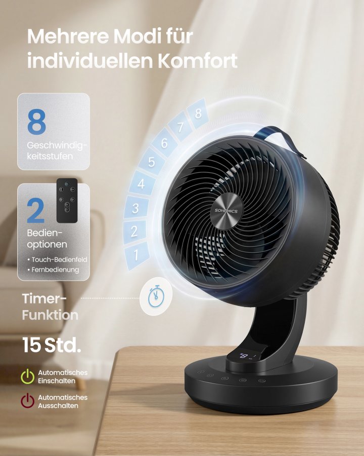 SONGMICS Bordventilator, Stille Ventilator 20 dB, Luftcirkulator LED Display, Fjernbetjening, Effektiv K�ling, 70&deg; Oscillation, 8 Hastigheder, 12 Timer, Bl�ksort XFC001B1EU