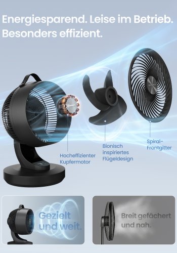 SONGMICS Bordventilator, Stille Ventilator 20 dB, Luftcirkulator LED Display, Fjernbetjening, Effektiv K�ling, 70&deg; Oscillation, 8 Hastigheder, 12 Timer, Bl�ksort XFC001B1EU