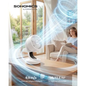 SONGMICS XFC001W1EU Lydl�s bordventilator 20dB med fjernbetjening, kraftfuld luftcirkulator, 70&deg; oscillation, 8 hastigheder, 12 timer, Cloud White