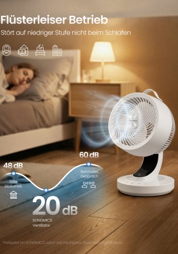 SONGMICS XFC001W1EU Lydl�s bordventilator 20dB med fjernbetjening, kraftfuld luftcirkulator, 70&deg; oscillation, 8 hastigheder, 12 timer, Cloud White
