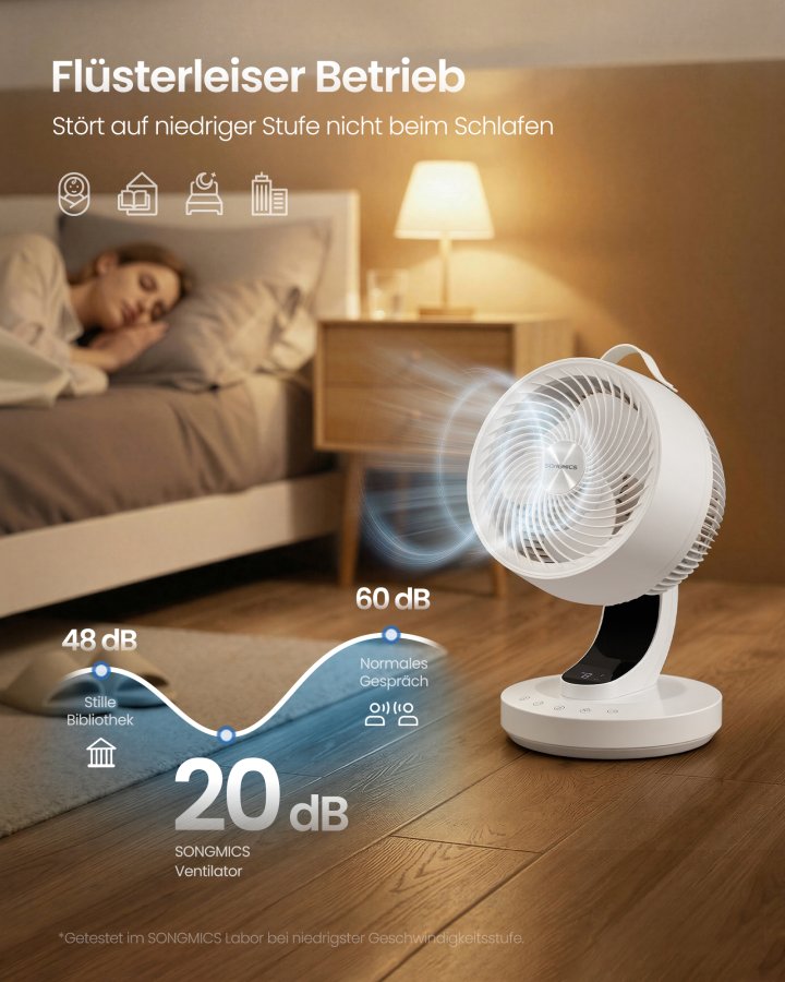 SONGMICS XFC001W1EU Lydl�s bordventilator 20dB med fjernbetjening, kraftfuld luftcirkulator, 70&deg; oscillation, 8 hastigheder, 12 timer, Cloud White