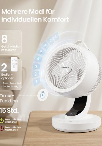 SONGMICS XFC001W1EU Lydl�s bordventilator 20dB med fjernbetjening, kraftfuld luftcirkulator, 70&deg; oscillation, 8 hastigheder, 12 timer, Cloud White