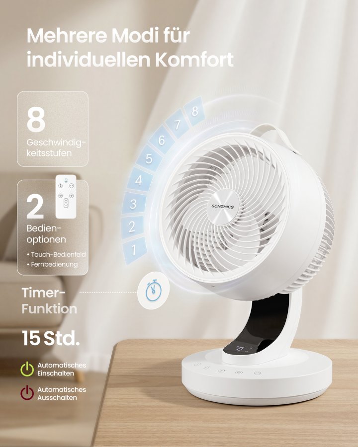 SONGMICS XFC001W1EU Lydl�s bordventilator 20dB med fjernbetjening, kraftfuld luftcirkulator, 70&deg; oscillation, 8 hastigheder, 12 timer, Cloud White