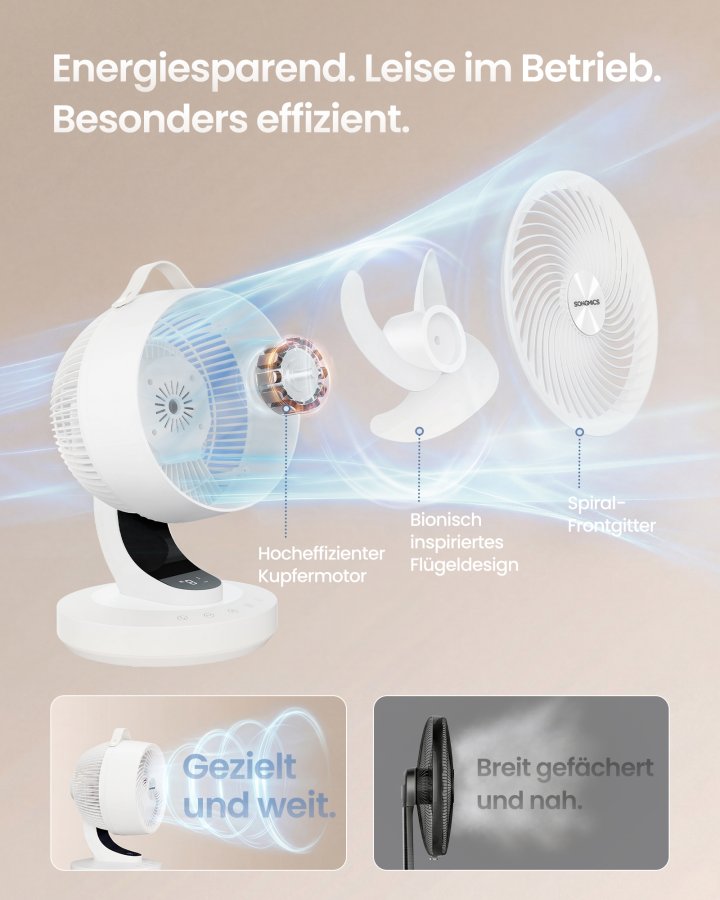 SONGMICS XFC001W1EU Lydl�s bordventilator 20dB med fjernbetjening, kraftfuld luftcirkulator, 70&deg; oscillation, 8 hastigheder, 12 timer, Cloud White